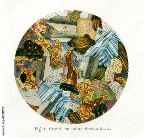 Granite from Nièvre, France - polarized light photomicrograph (from Meyers Lexikon, 1895, 7/476/477)
