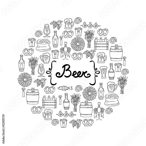 Cover with hand drawn bottle and glass of beer, snacks  in sketch style. Pattern on the theme of beer