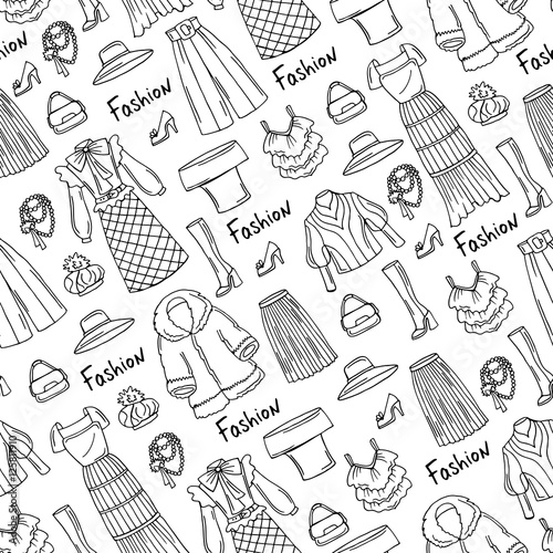 Pattern with hand drawn isolated fashionable clothes for ladies on white color. Pattern on the theme of fashion