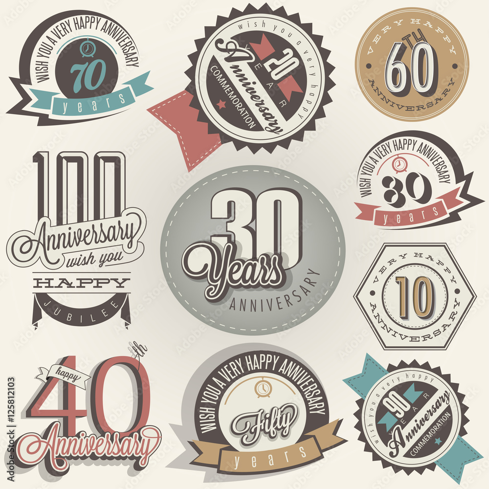 Anniversary sign collection and cards design in retro style. Template of anniversary, jubilee or birthday card with number editable. Vintage typography.