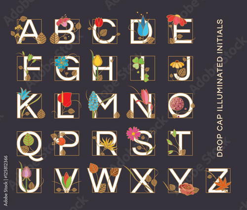 Illuminated drop cap initial letters in Art Nouveau style