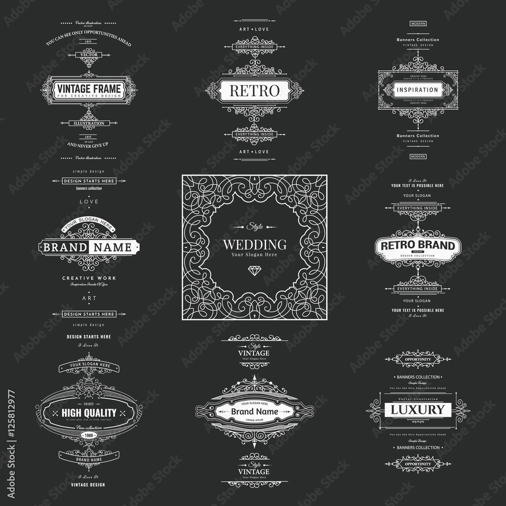 Set of creative vector templates for logos, label or banners on the theme of quality and business in vintage style. Flourishes calligraphic elements. Design frame and page decor Set of creative vector templates for logos, label or banners on the theme of quality and business in vintage style. Flourishes calligraphic elements. Design frame and page decor