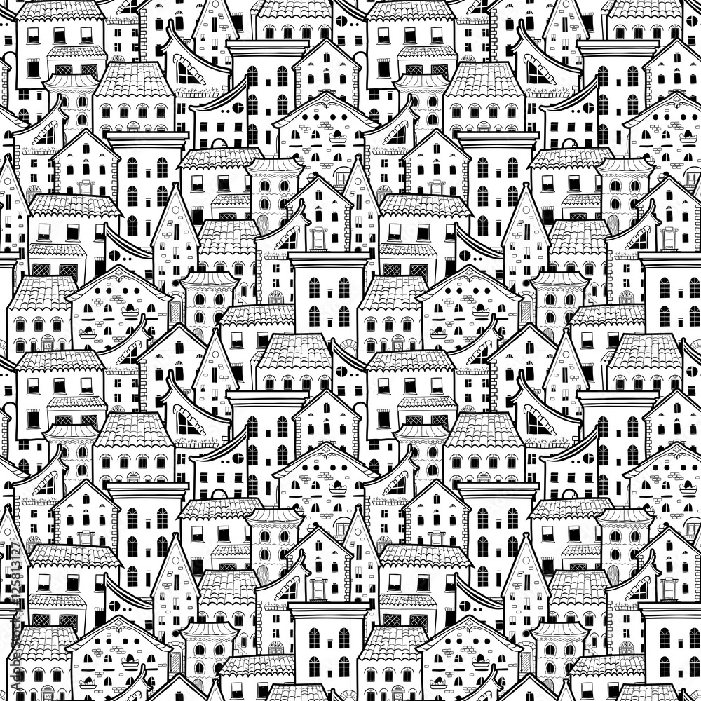 Light black and white seamless pattern with houses, doodle house vector background, monochrome house wallpaper, good for design fabric, wrapping paper, postcards, EPS 8
