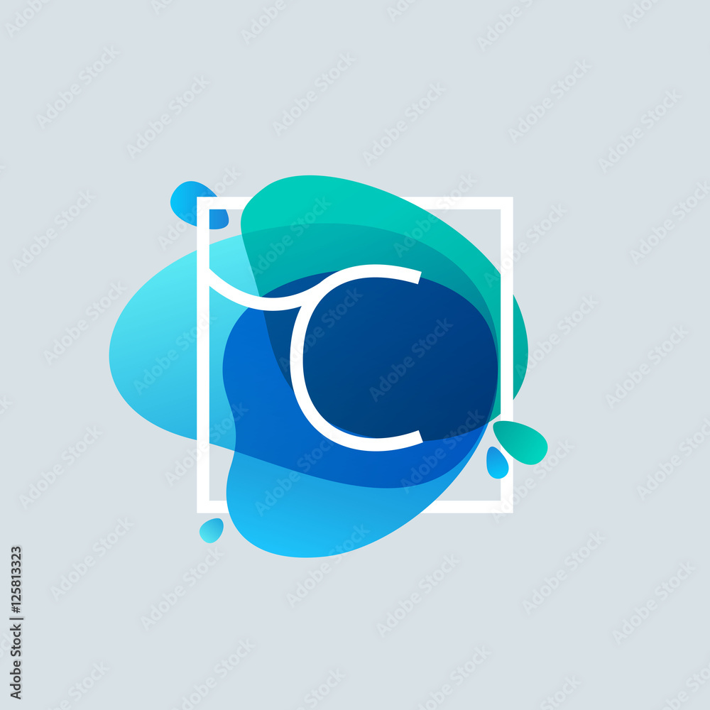 C letter logo in square frame at blue watercolor splash backgrou C letter logo in square frame at blue watercolor splash backgrou