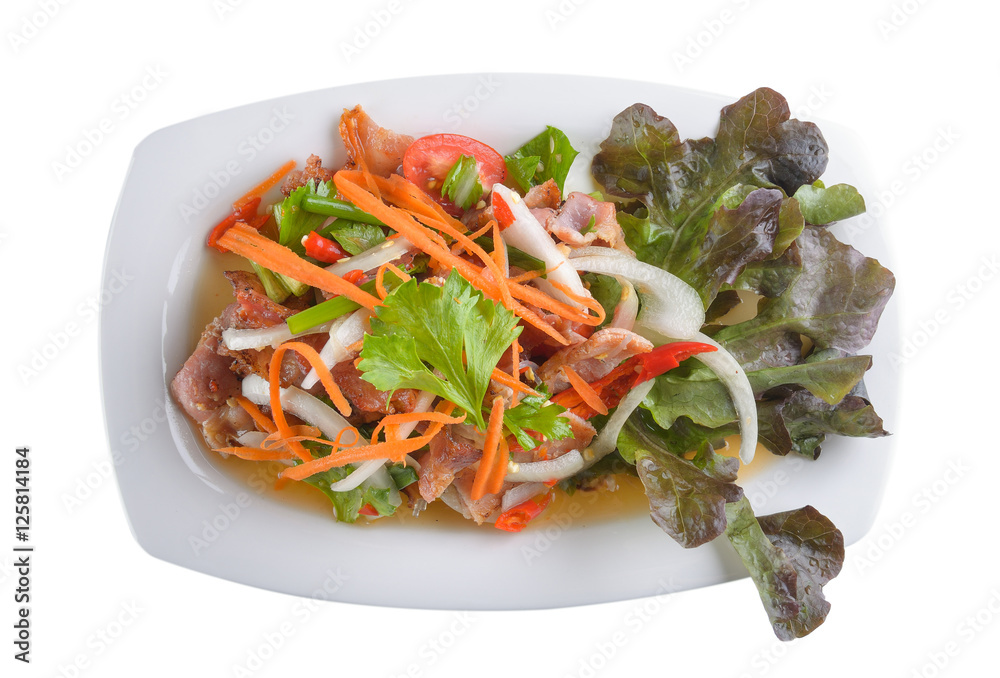 bacon salad in white plate isolated on white background