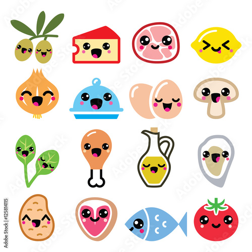 Kawaii cute food characters - meat, vegetables, diary icons set
