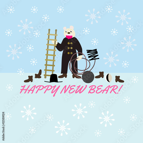 Happy New Evil Bear - wordplay with dark sarcasm - white bear in sweeping cloth and on ground is hat, cap and two pairs of shoes