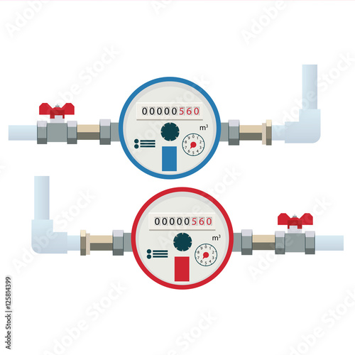 Automatic cold and hot water meters. Flat vector icon. Household photo