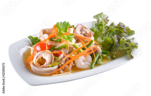 Seafood Salad with Shrimps and Squid Rings on white background