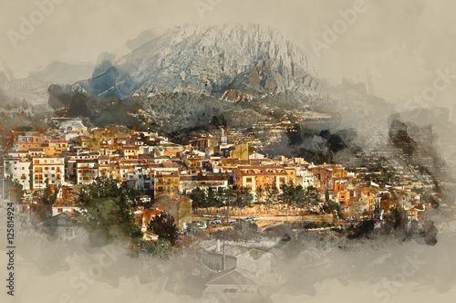Old Sella village in Spain. Digital watercolour image