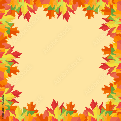 Colorful autumn leaves frame on yellow background. Vector illustration.