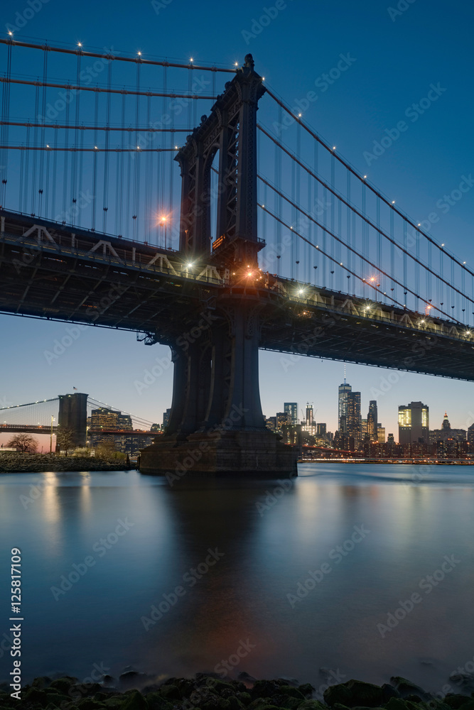 Obraz premium Manhattan and Brooklyn Bridges and skyline, New York, USA