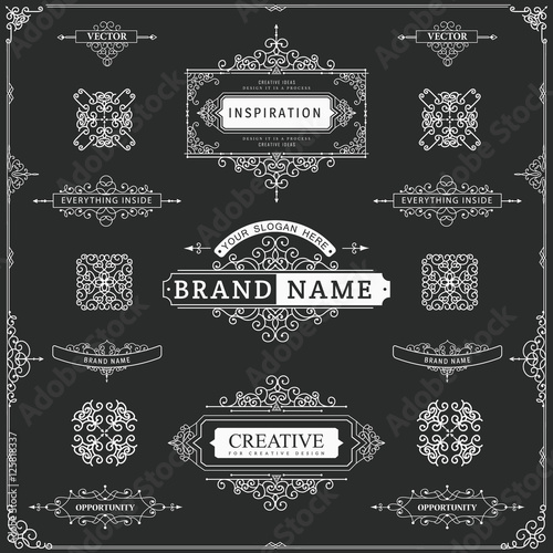 Set of creative vector templates for logos, label or banners on the theme of quality and business in vintage style. Flourishes calligraphic elements. Design frame and page decor