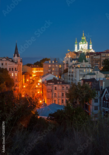 Evening view of Andriyivsky Descent and St. Andrew's Church, Kiev, Ukraine