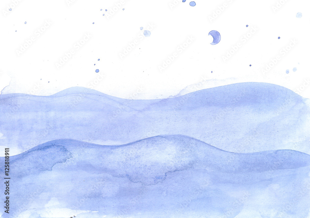 Obraz premium Watercolor sea calm waves background, ocean with blue drops