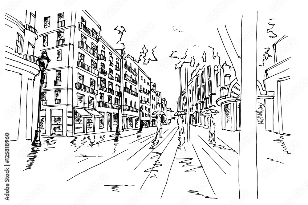 Scene street illustration. Hand drawn ink line sketch Barcelona. Spain.