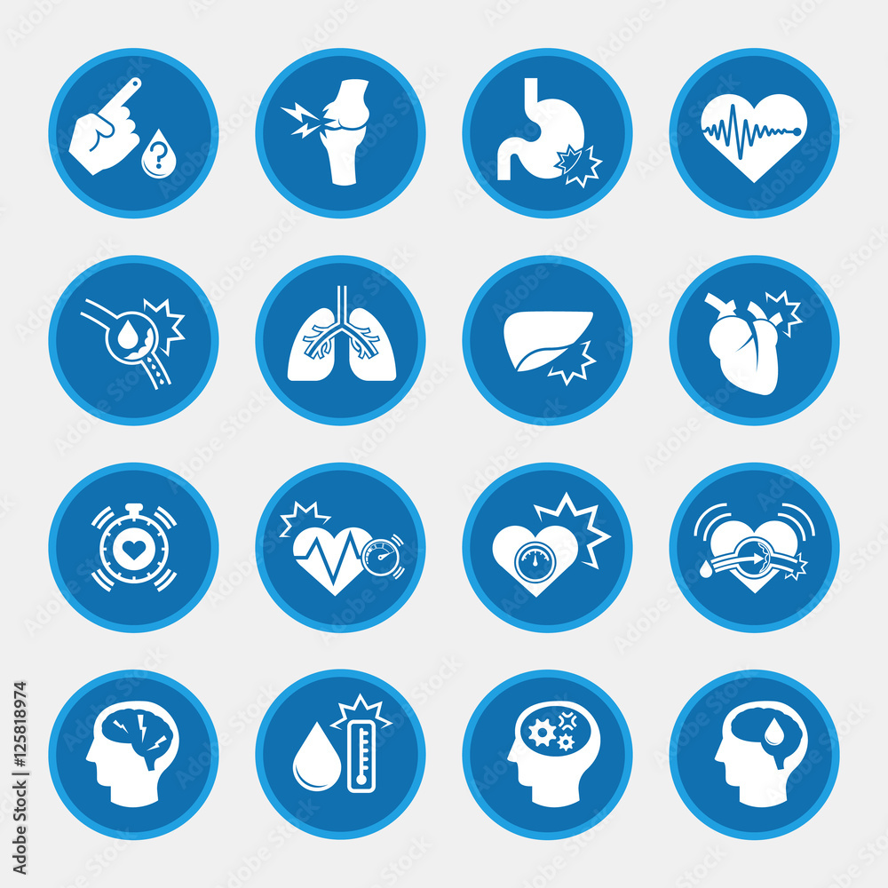 obesity related diseases icons with blue circle button obesity related diseases icons with blue circle button