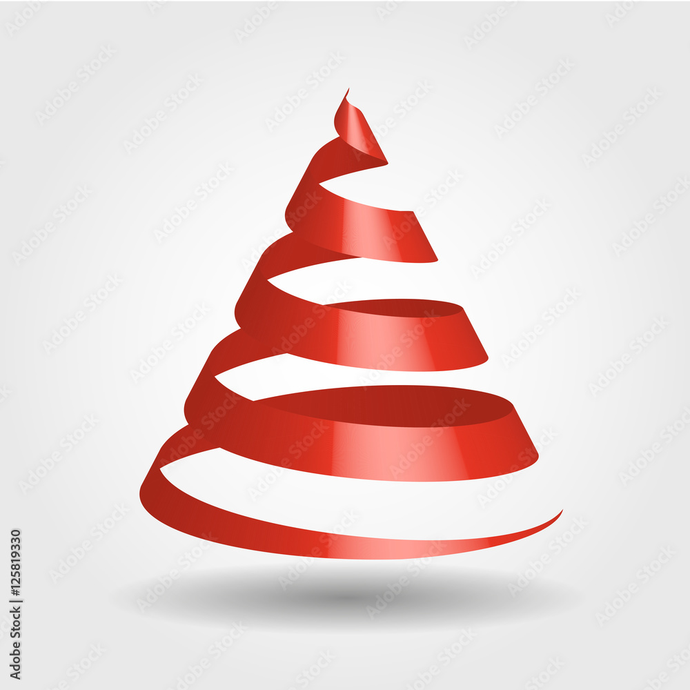 Simple red ribbon in a shape of Christmas tree. Merry Christmas theme. 3D vector illustration with dropped shadow and gradient background. Simple red ribbon in a shape of Christmas tree. Merry Christmas theme. 3D vector illustration with dropped shadow and gradient background.