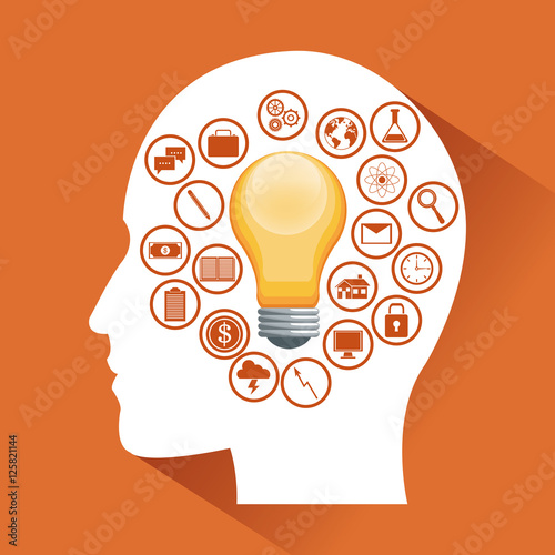 Human head light bulb and icon set. Big idea think different and creative theme. Vector illustration