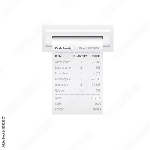 Sales printed receipt, shopping paper bill atm vector mockup.
