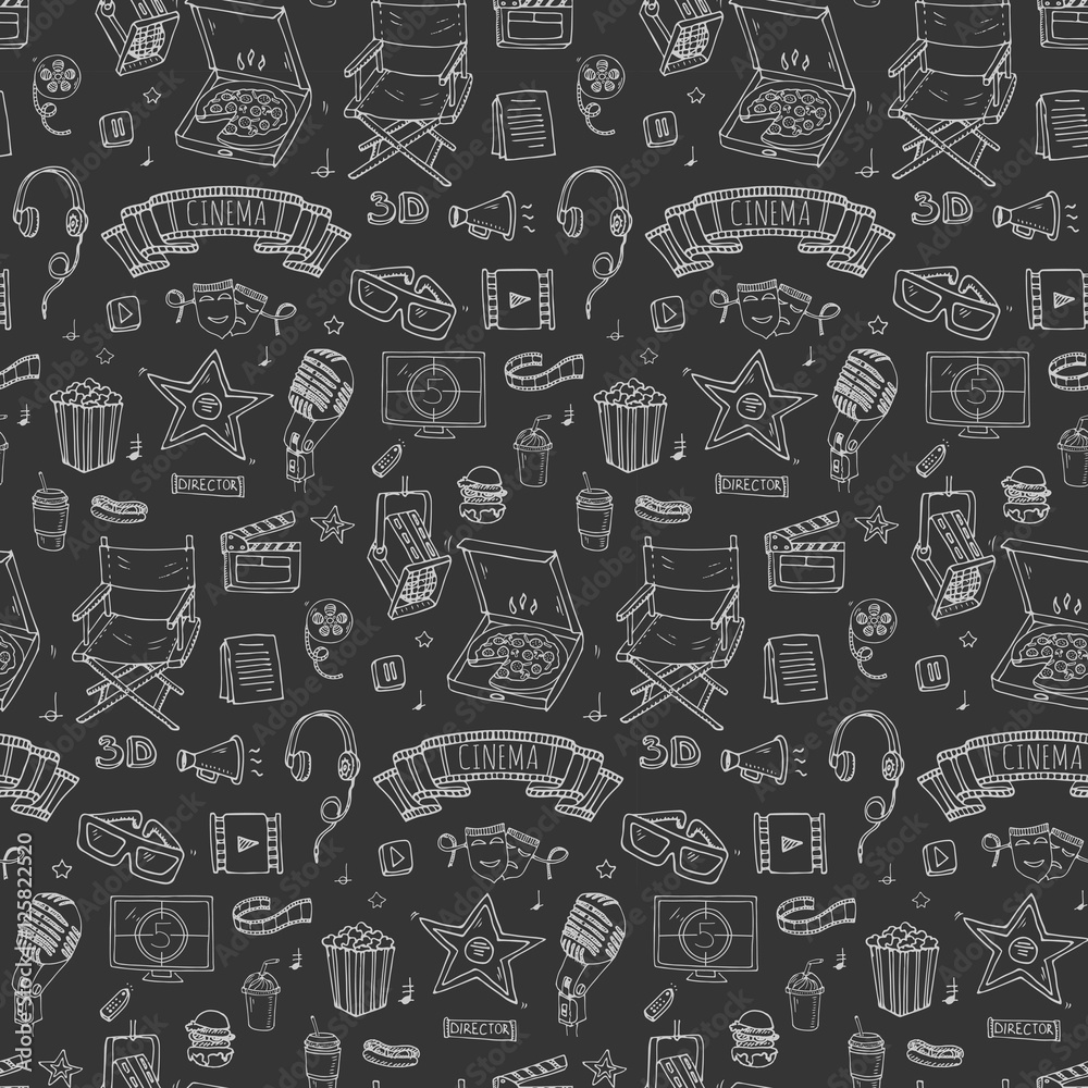 Seamless pattern Hand drawn doodle Cinema set. Vector illustration. Movie making icons. Film symbols collection. Cinematography freehand: camera, film tape, photo camera, pizza, popcorn, projector.