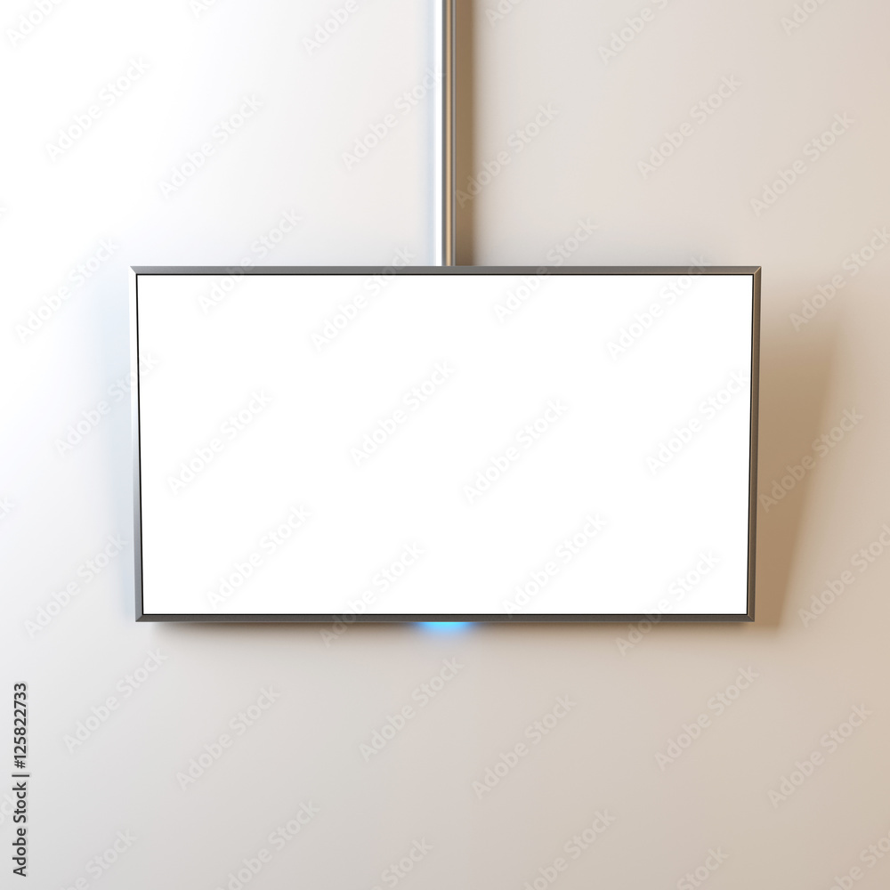 Flat Smart TV Mockup with white blank screen hanging on the tube, realistic, 3d rendering Flat Smart TV Mockup with white blank screen hanging on the tube, realistic, 3d rendering