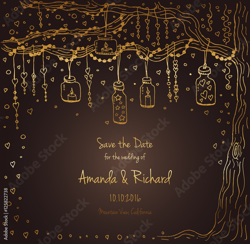 Unique vector wedding cards template with hand drawn tree decorated with lantern, hearts, candle, garland, Christmas eve invitation. Save the date. Bridal design gold and wood texture, natural style.