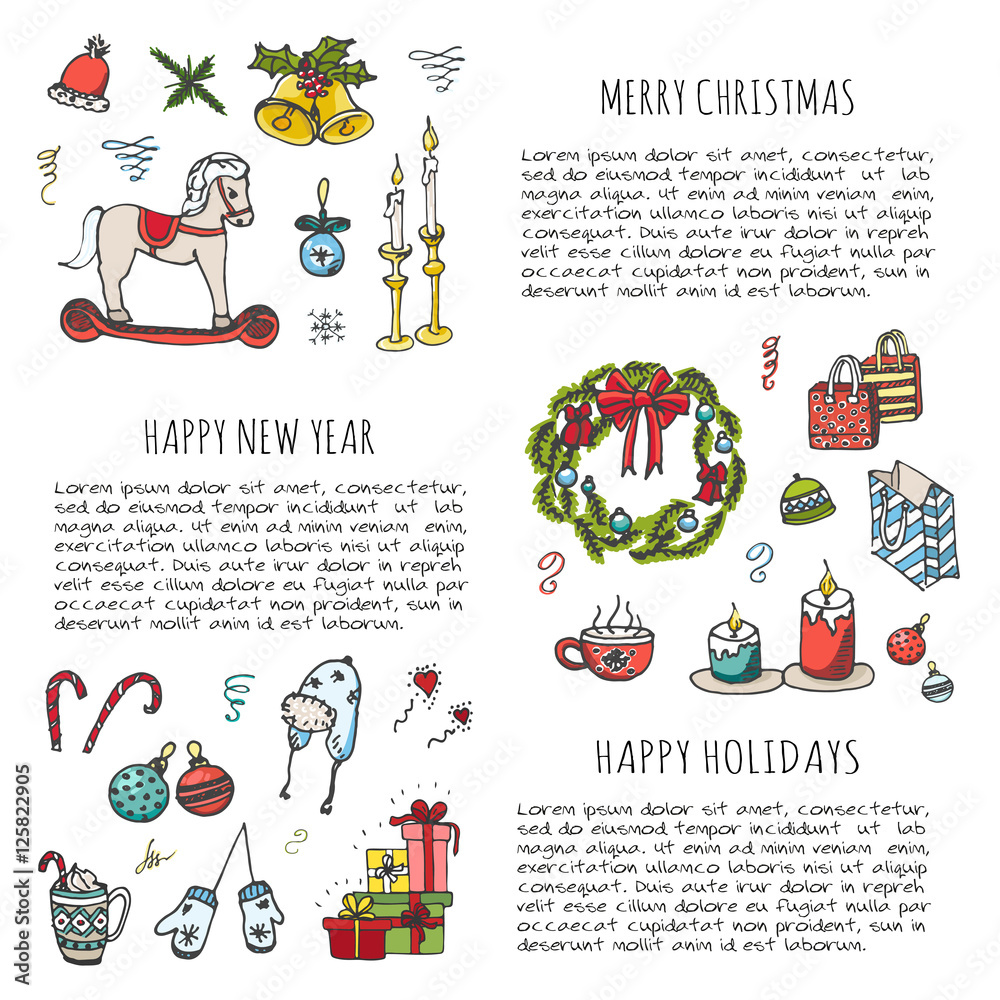 Hand drawn sketchy Merry Christmas symbols set. Doodle vector illustration elements: Candles, gift boxes, wreath, christmas tree, candy, canes, bells, Happy Holidays! Xmas! Happy New year! Holly Jolly