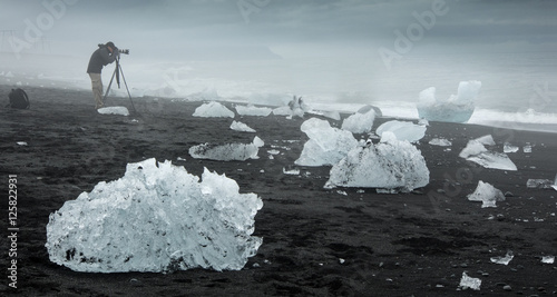 Black sand beach near an iceberg lagoon in Iceland.