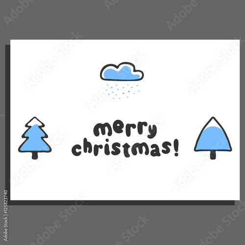 Merry christmas greeting card template with cute doodle cloud and fir. Hand drawn lettering. Childish vector illustration
