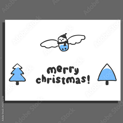 Merry christmas greeting card with cute doodle snowy owl and fir. Hand drawn lettering. Childish vector illustration