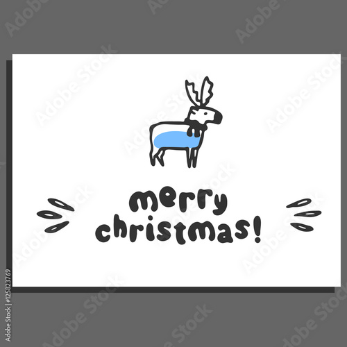 Merry christmas greeting card template with cute cartoon reindeer and hand lettering. Vector doodle animal and text photo