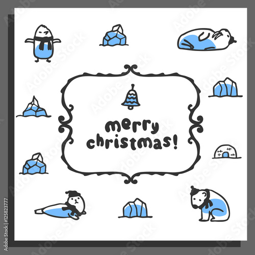 Merry chrismas card with cute doodle walrus, seal, polar bear and pinguin. Cartoon vector animals wear scarves