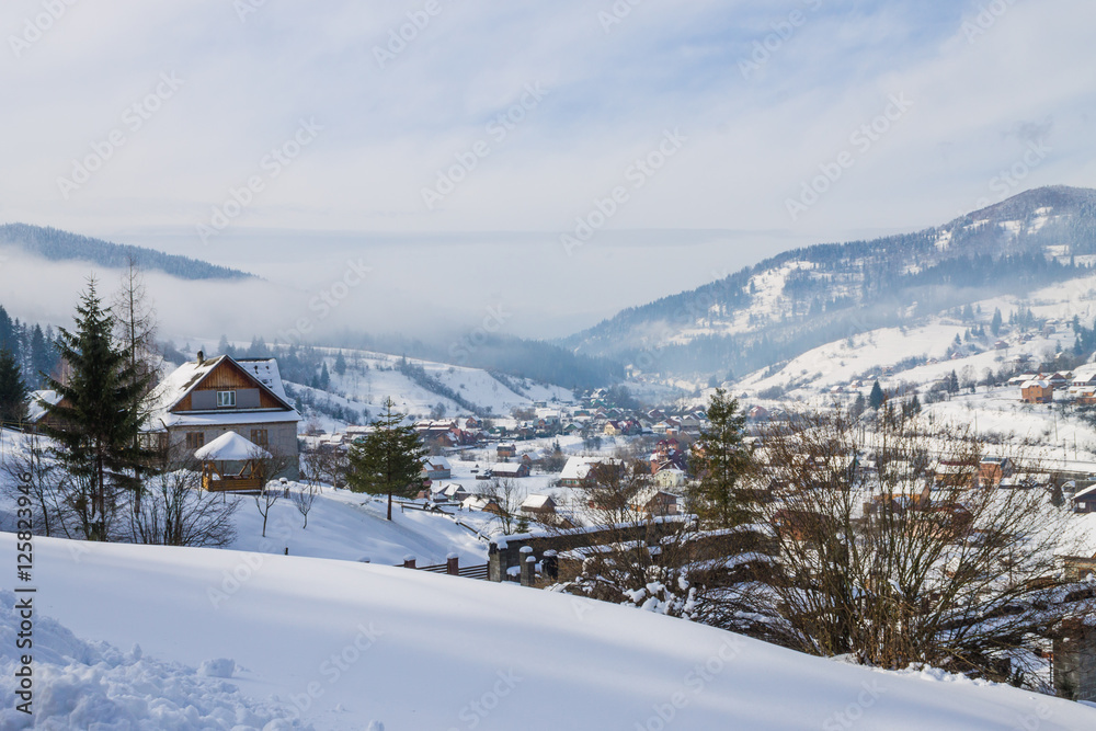winter village landscape in Carpathian mountains