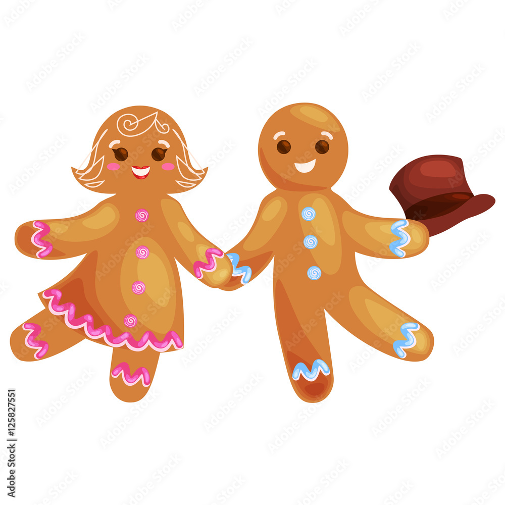 set christmas cookies gingerbread man and girl decorated with icing dancing and having fun in a cap, xmas sweet food vector illustration