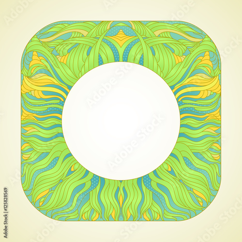 Frame with yellow irises. Stained glass panels. Large flowers and small buds irises
with long stems and leaves.
