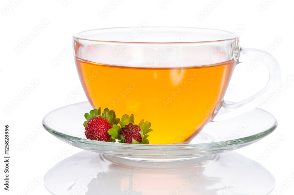 Glass cup of tea with strawberry isolated on white background Glass cup of tea with strawberry isolated on white background