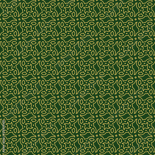 Rich seamless abstract background pattern with repeating golden elements on the green background. Vector illustration eps