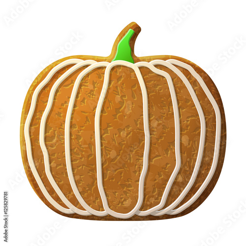 Gingerbread pumpkin decorated colored icing. Holiday cookie in shape of squash fruit. Vector illustration for agriculture, vegetables, cooking, halloween, gastronomy, thanksgiving, olericulture, etc
