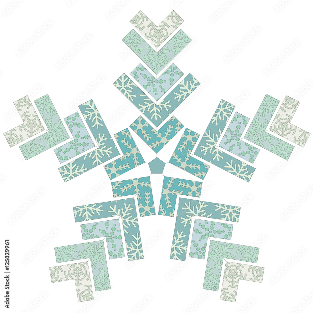 snowflake with ornaments closeup on a white background
