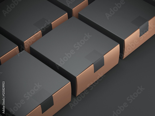 Gold Boxes packaging with black sticker and Black cover. 3d rendering photo