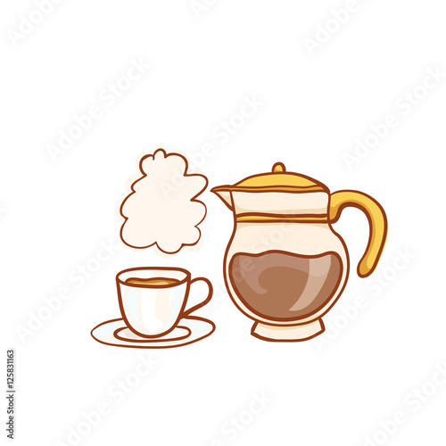 Hot coffee cup and glass pot sketchy clipart. Vector design element. Sketch for flyer, banner, ad, package, poster. Hand drawn icons, isolated on white