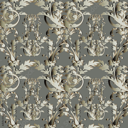 Damask baroque floral vector seamless pattern. Flourish background wallpaper illustration with vintage antique decorative 3d flowers,leaves and ornaments.Damask pattern.Damask flowers