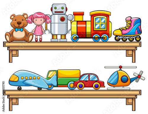 Many toys on the shelves