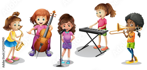 Many kids playing different musical instruments