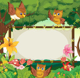 Frame template with three owls flying in jungle