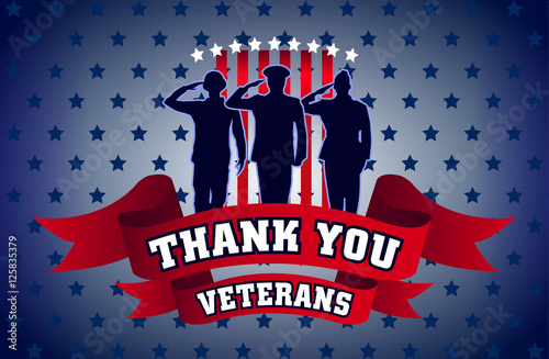 Thank you veterans, illustration for the holiday Veterans Day, three soldier salutes, background blue, stars.