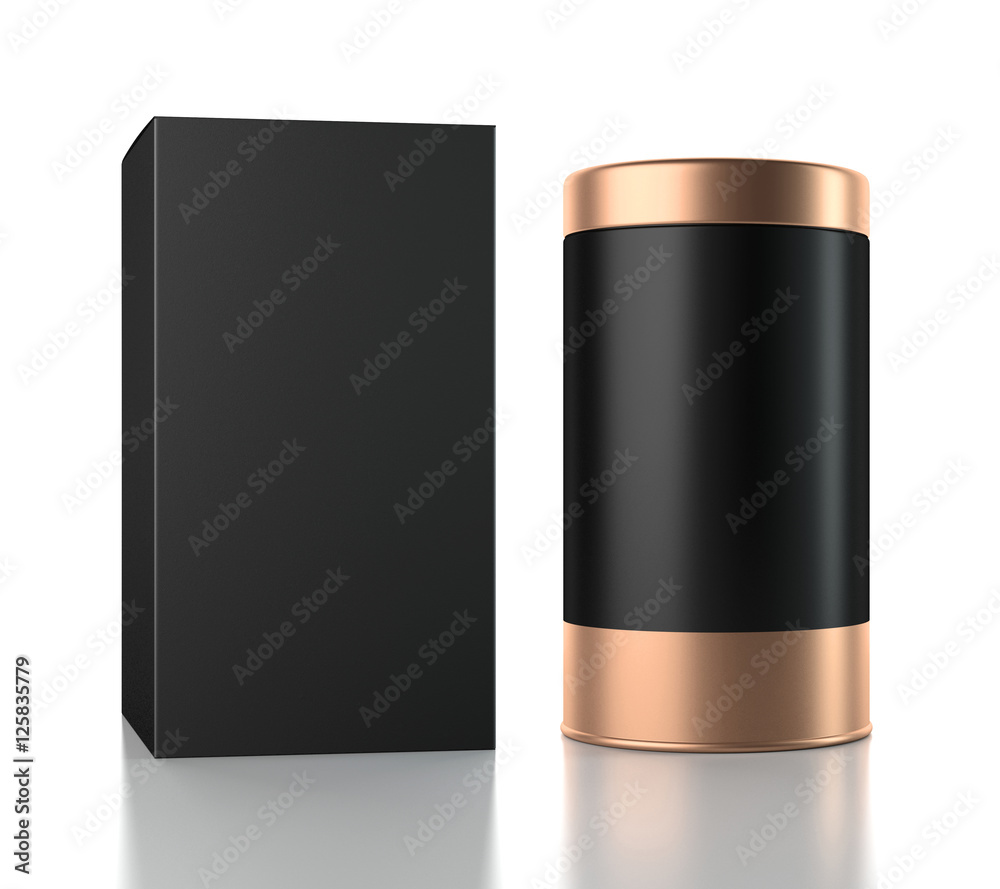 Black aluminum Can with cardboard Box mockup. Canned packaging with gold lid for tea, coffee, gift box. 3d rendering Black aluminum Can with cardboard Box mockup. Canned packaging with gold lid for tea, coffee, gift box. 3d rendering