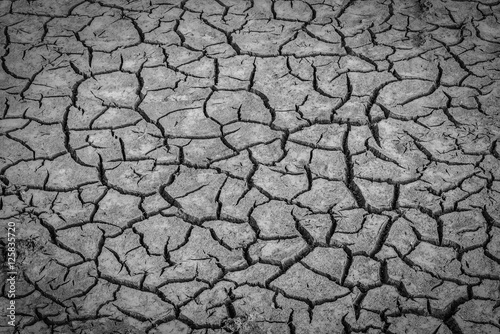 Black and white image of Background of cracked soil dirt or earth during drought