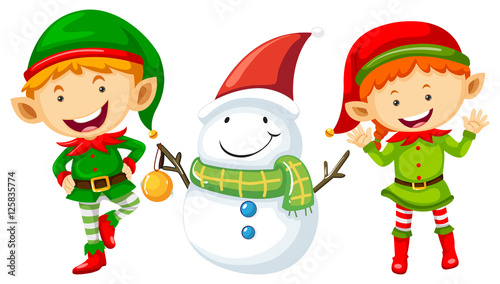 Two elves and snowman
